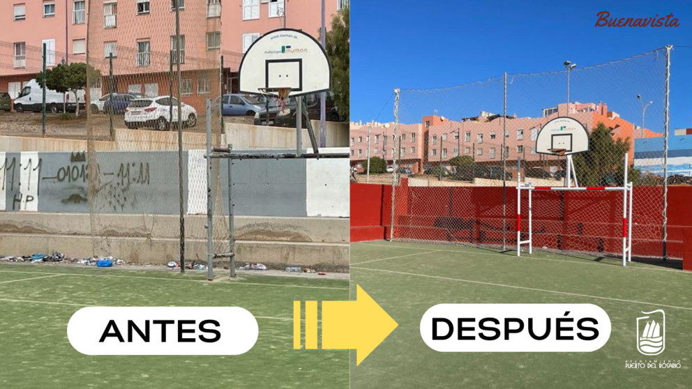 Imagen de la cancha de Buenavista, antes y después de las mejoras.