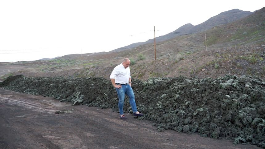 El presidente del Cabildo de Fuerteventura, Sergio Lloret, con las algas retiradas.