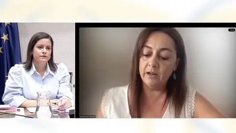 La diputada del Grupo Nacionalista Canario, Nereida Calero, en videconferencia con la consejera de Turismo, Yaiza Castilla.